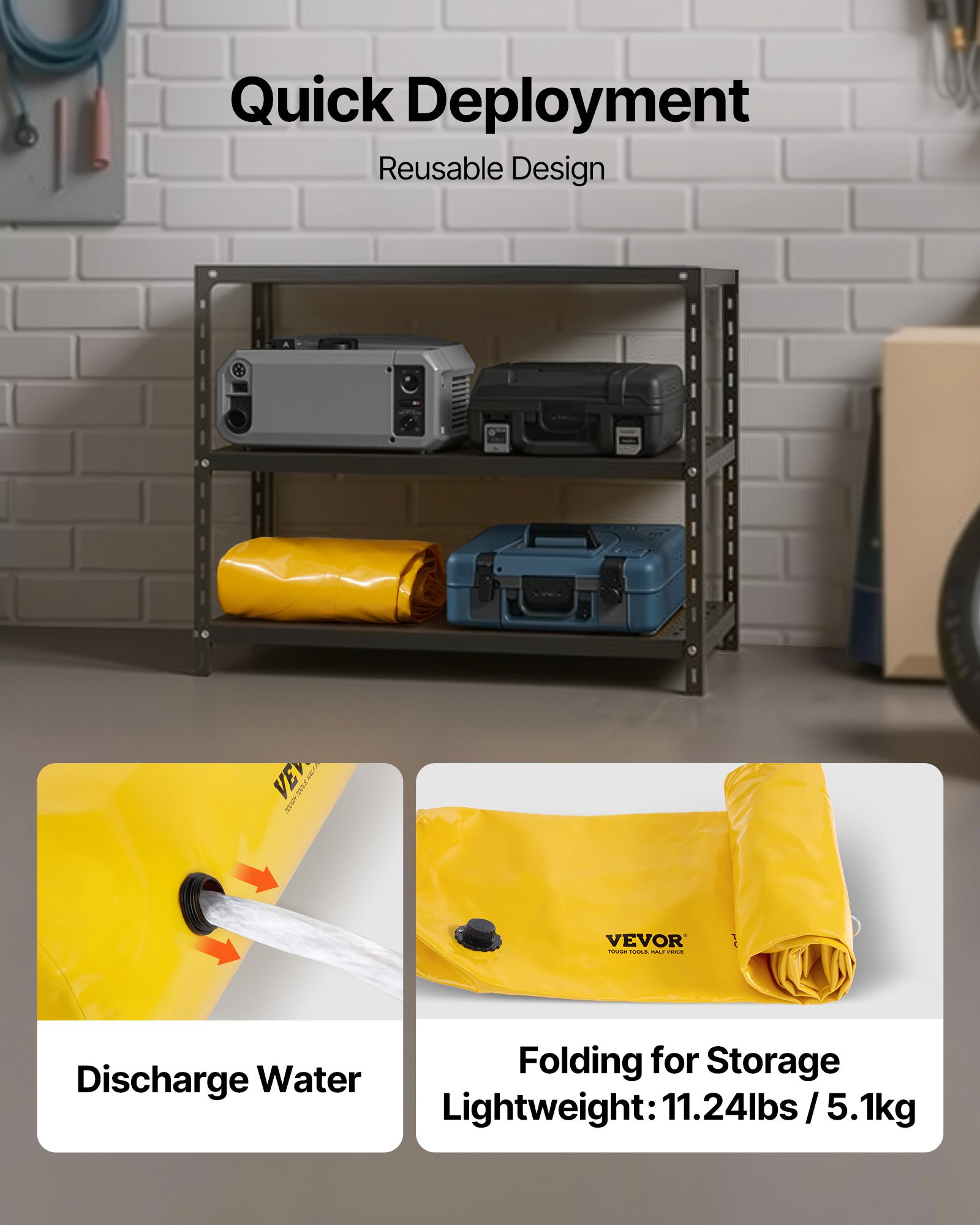 VEVOR Flutbeutel, Wiederverwendbare PVC-Wasserableitungsrohre, leicht, mit ausgezeichneter wasserdichter Wirkung, verwendet für Türen, Garagen, Gelb