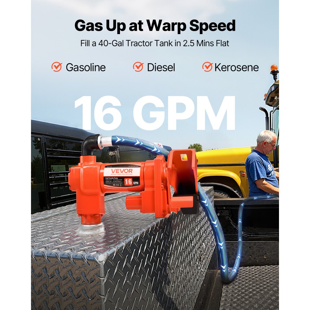 VEVOR Kraftstoff Umfüllpumpe, 12 V DC, 60,5 L/min, 1/4 PS, Diesel-Transferpumpe mit manueller Düse, Auslass- & Saugschlauch, für Benzin, Kerosin, Ethanol-Mischungen, Methanol, Biodiesel