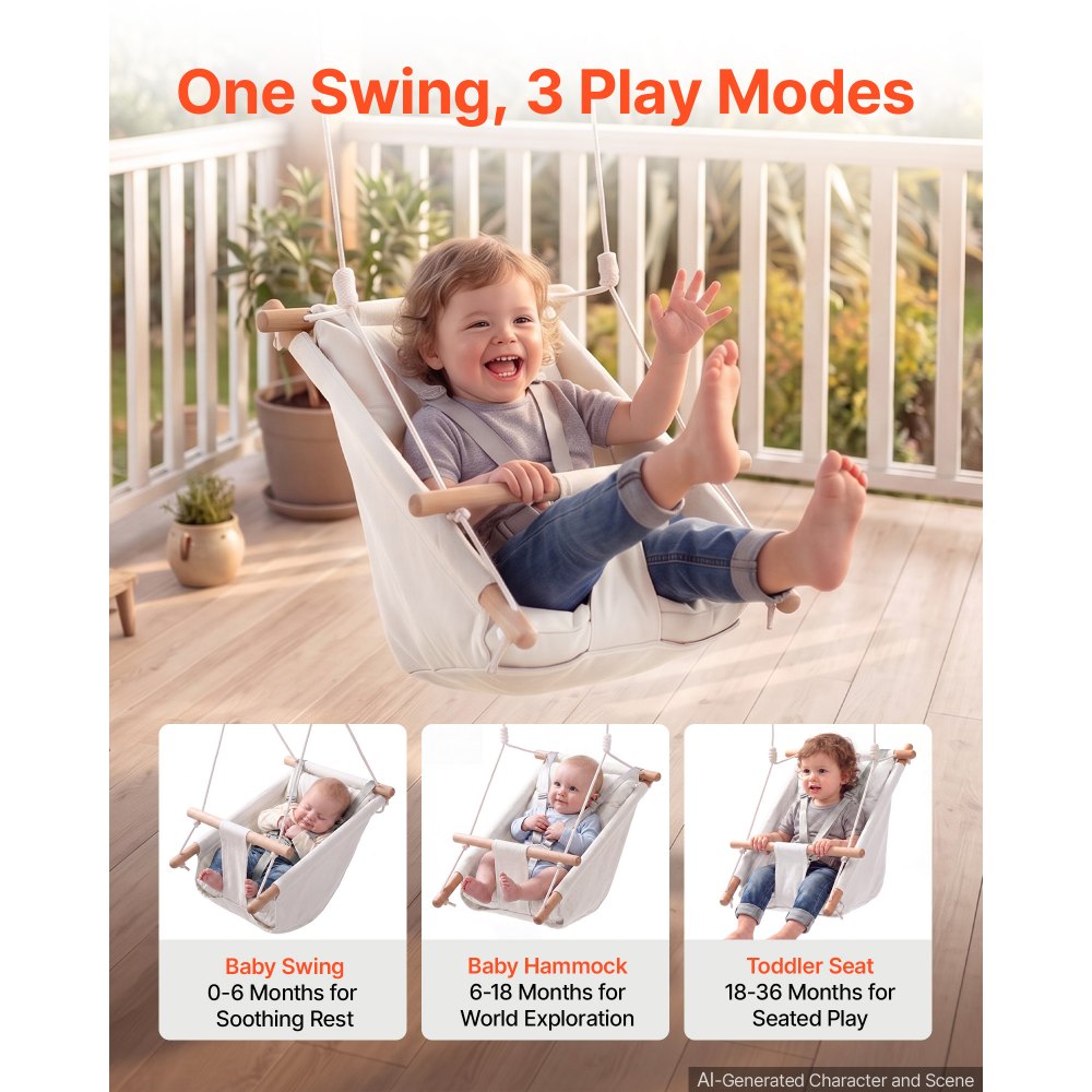 VEVOR 3-in-1 Babyschaukel Kinderschaukel 30kg Hängeschaukel aus Canvas Weiß, für Indoor & Outdoor, 5-Punkt-Sicherheitsgurt, Hängesitz mit Integriertem Kissen für Kinder bis 3 Jahre, CE/CPC-Zertifiziert