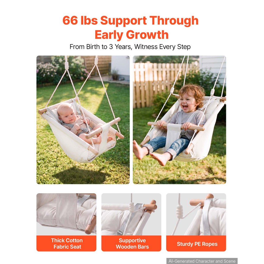 VEVOR 3-in-1 Babyschaukel Kinderschaukel 30kg Hängeschaukel aus Canvas Weiß, für Indoor & Outdoor, 5-Punkt-Sicherheitsgurt, Hängesitz mit Integriertem Kissen für Kinder bis 3 Jahre, CE/CPC-Zertifiziert