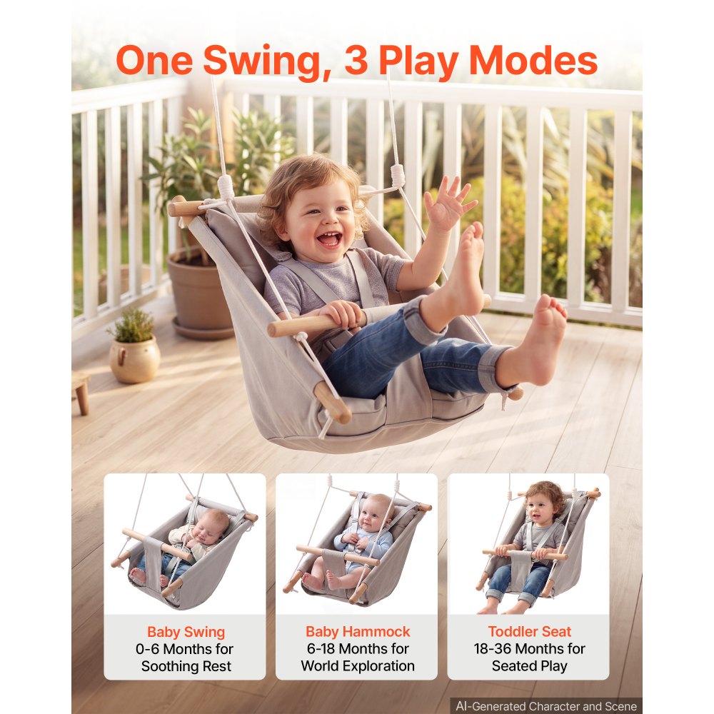 VEVOR 3-in-1 Babyschaukel Kinderschaukel 30kg Hängeschaukel aus Canvas Grau, für Indoor & Outdoor Geeignet, 5-Punkt-Gurt & Baumgurte, Hängesitz aus Holz mit Integriertem Kissen für Kleinkinder bis 3 Jahre
