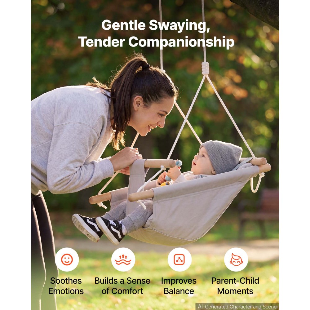 VEVOR 3-in-1 Babyschaukel Kinderschaukel 30kg Hängeschaukel aus Canvas Grau, für Indoor & Outdoor Geeignet, 5-Punkt-Gurt & Baumgurte, Hängesitz aus Holz mit Integriertem Kissen für Kleinkinder bis 3 Jahre