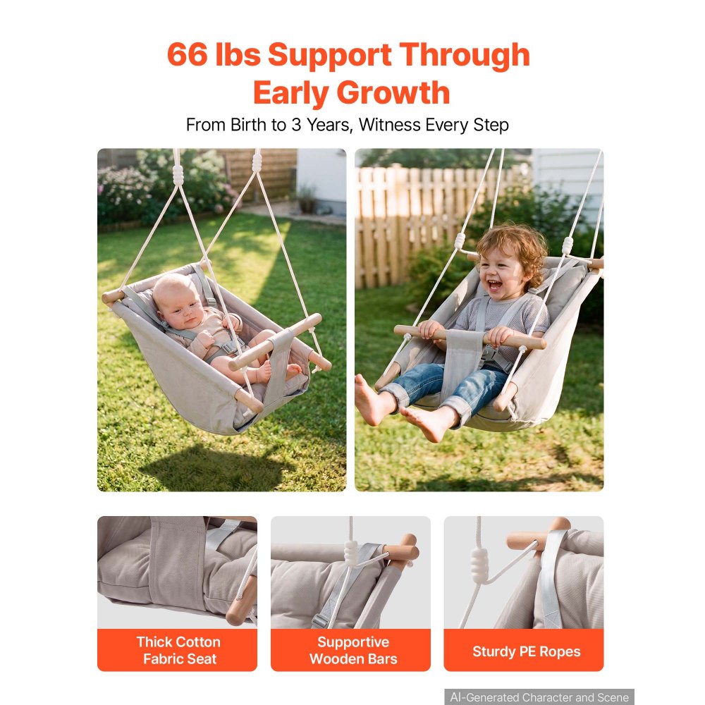 VEVOR 3-in-1 Babyschaukel Kinderschaukel 30kg Hängeschaukel aus Canvas Grau, für Indoor & Outdoor Geeignet, 5-Punkt-Gurt & Baumgurte, Hängesitz aus Holz mit Integriertem Kissen für Kleinkinder bis 3 Jahre