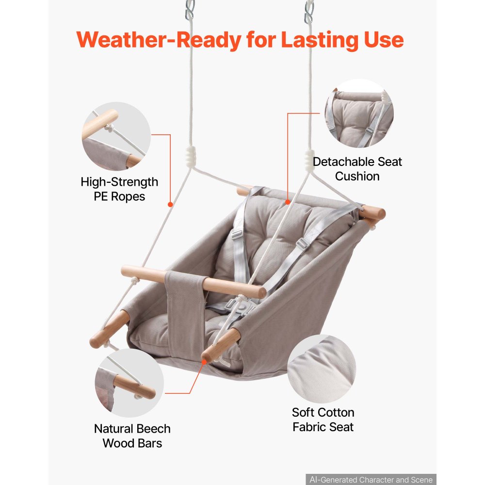 VEVOR 3-in-1 Babyschaukel Kinderschaukel 30kg Hängeschaukel aus Canvas Grau, für Indoor & Outdoor Geeignet, 5-Punkt-Gurt & Baumgurte, Hängesitz aus Holz mit Integriertem Kissen für Kleinkinder bis 3 Jahre