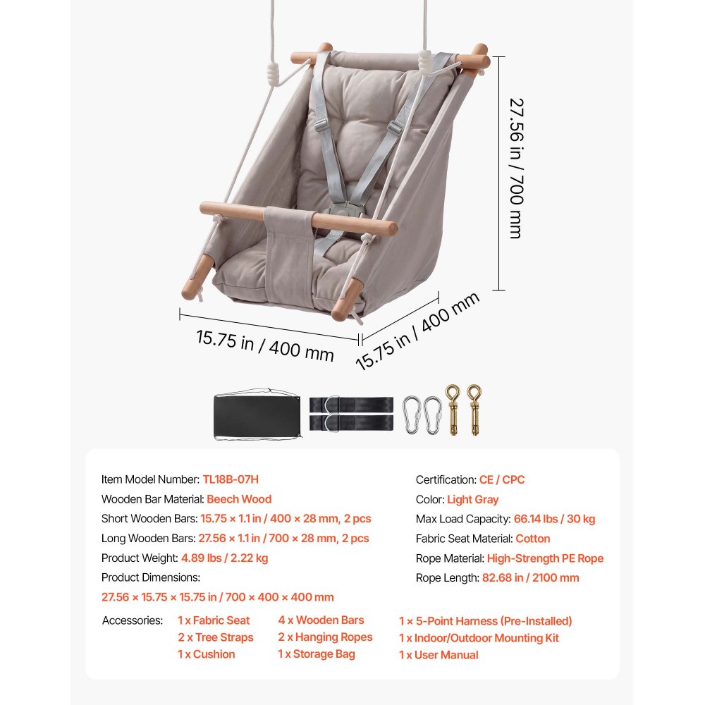 VEVOR 3-in-1 Babyschaukel Kinderschaukel 30kg Hängeschaukel aus Canvas Grau, für Indoor & Outdoor Geeignet, 5-Punkt-Gurt & Baumgurte, Hängesitz aus Holz mit Integriertem Kissen für Kleinkinder bis 3 Jahre