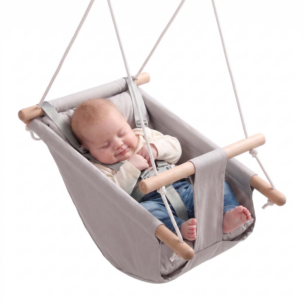 VEVOR 3-in-1 Babyschaukel Kinderschaukel 30kg Hängeschaukel aus Canvas Grau, für Indoor & Outdoor Geeignet, 5-Punkt-Gurt & Baumgurte, Hängesitz aus Holz mit Integriertem Kissen für Kleinkinder bis 3 Jahre