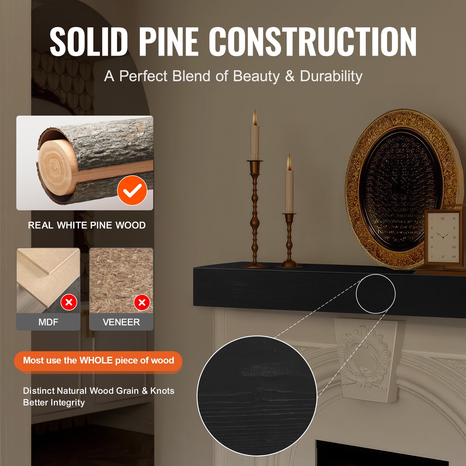 VEVOR Kaminsims, 121,9 x 20,3 x 12,7 cm, Tragkraft 22,7 kg, Kaminsims aus Naturholz für über dem Kamin, schwebendes Bauernhausregal zur Wandmontage, handgefertigter Kaminsims als Wanddekoration, Espresso