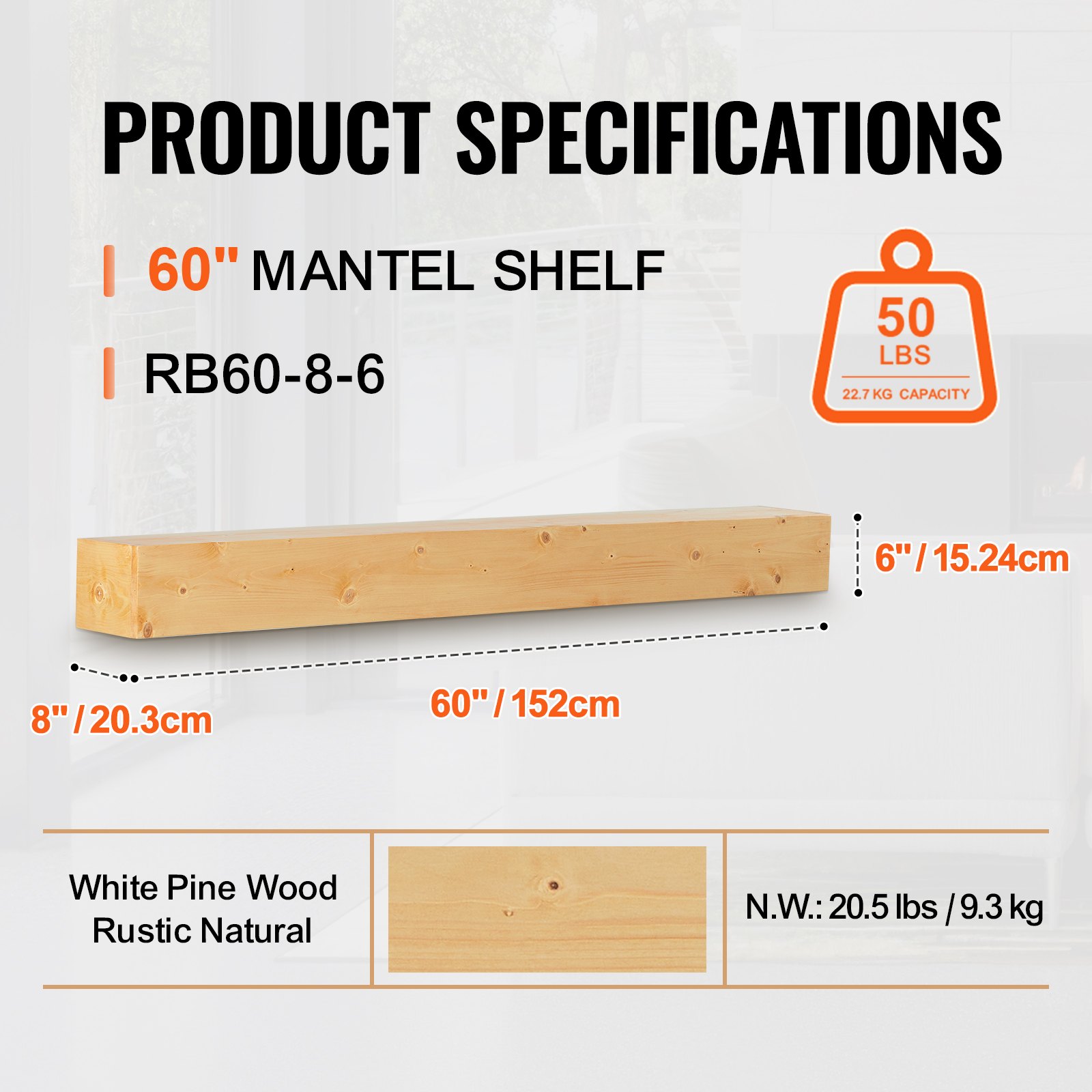 VEVOR Kaminsims, 152,4 x 20,3 x 15,2 cm, Tragkraft 22,7 kg, Kaminsims aus Naturholz für über dem Kamin, schwebendes Bauernhausregal zur Wandmontage, handgefertigter Kaminsims aus Holz als Wanddekoration, rustikales Naturholz