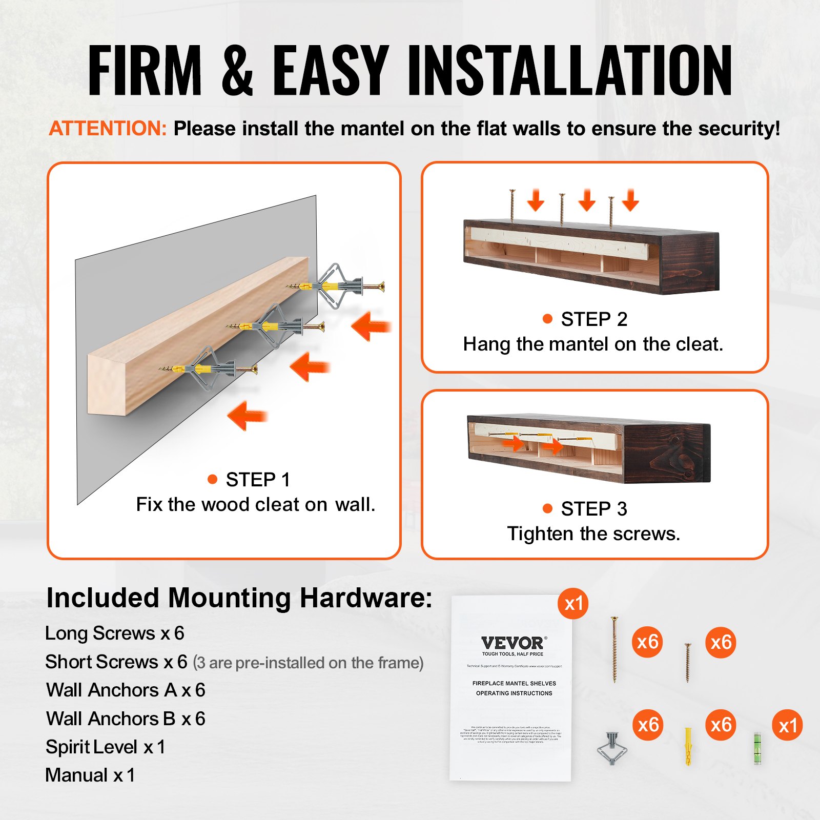 VEVOR Kaminsims, 183,9 x 20,3 x 12,7 cm, Tragkraft 22,7 kg, Kaminsims aus Naturholz für über dem Kamin, schwebendes Bauernhausregal zur Wandmontage, handgefertigter Kaminsims als Wanddekoration, rustikales Braun