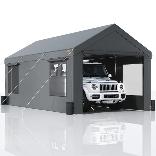 VEVOR Zeltgarage 3,7 x 6 x 2,96 m Garagenzelt aus 180 g/m² doppelseitig beschichtetes PE und verzinktes Stahlrohr Lagerzelt Carport 38 mm Säulendurchmesser Gerätezelt für 2–3 Erwachsene Dunkelgrau