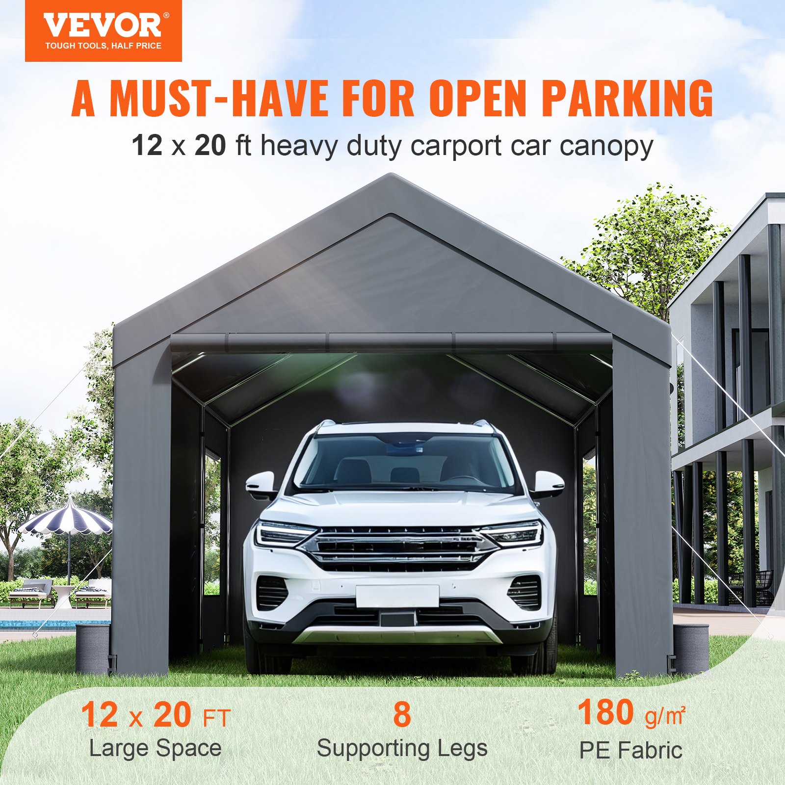 VEVOR Zeltgarage 3,7 x 6 x 2,96 m Garagenzelt aus 180 g/m² doppelseitig beschichtetes PE und verzinktes Stahlrohr Lagerzelt Carport 38 mm Säulendurchmesser Gerätezelt für 2–3 Erwachsene Dunkelgrau
