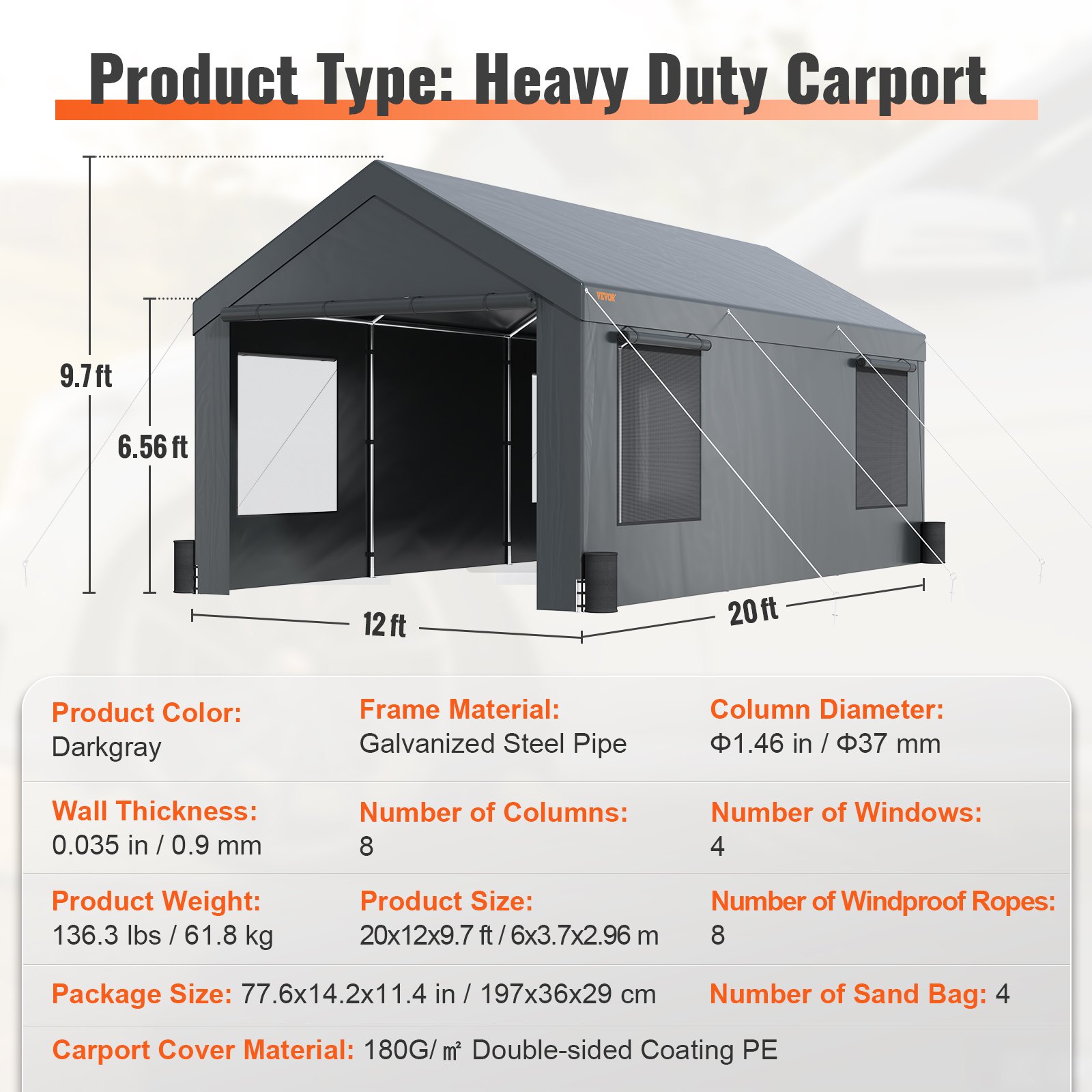 VEVOR Zeltgarage 3,7 x 6 x 2,96 m Garagenzelt aus 180 g/m² doppelseitig beschichtetes PE und verzinktes Stahlrohr Lagerzelt Carport 38 mm Säulendurchmesser Gerätezelt für 2–3 Erwachsene Dunkelgrau