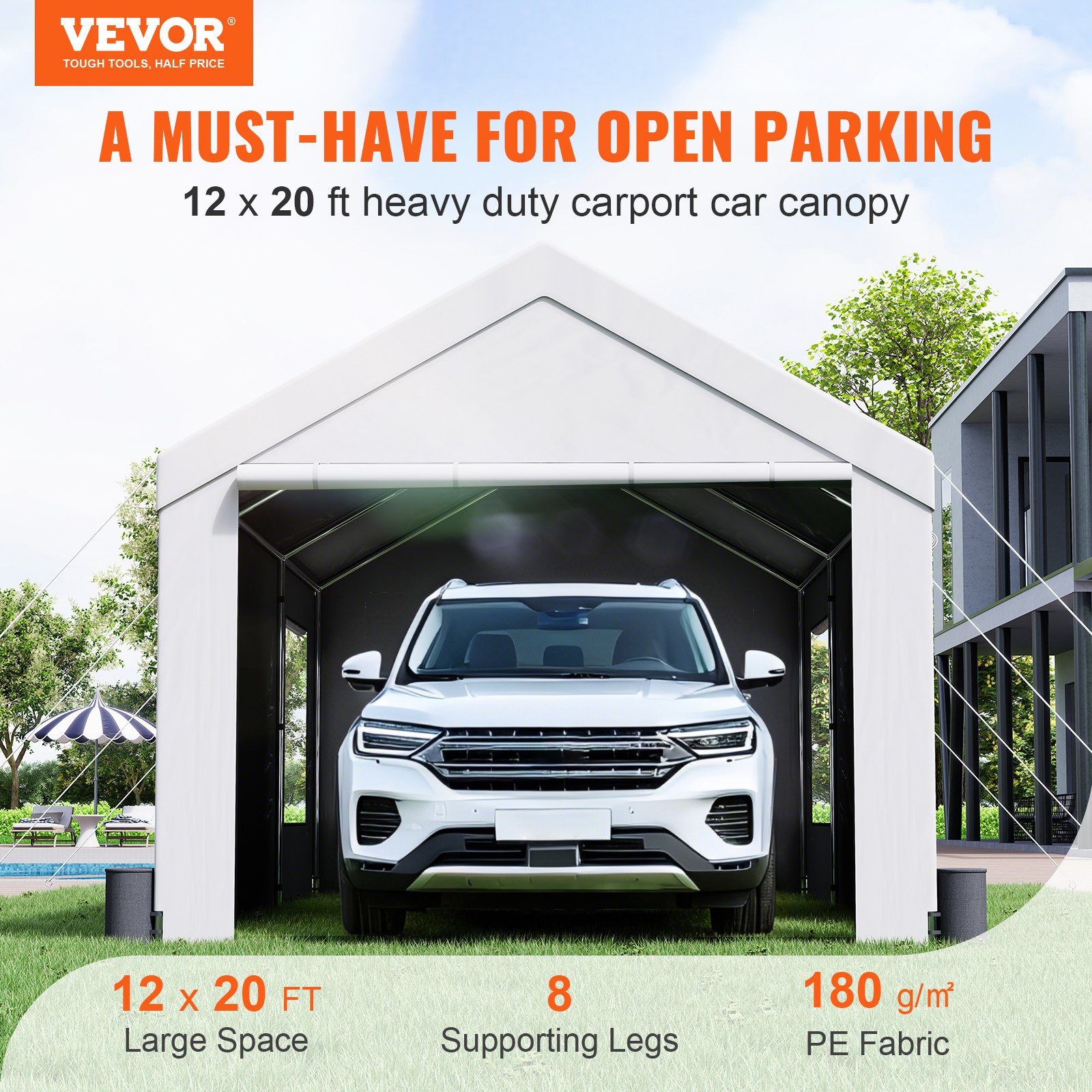 VEVOR Zeltgarage 3,7 x 6 x 2,96 m Garagenzelt aus 180 g/m² doppelseitig beschichtetes PE und verzinktes Stahlrohr Lagerzelt Carport 38 mm Säulendurchmesser Gerätezelt für 2–3 Erwachsene Weiß
