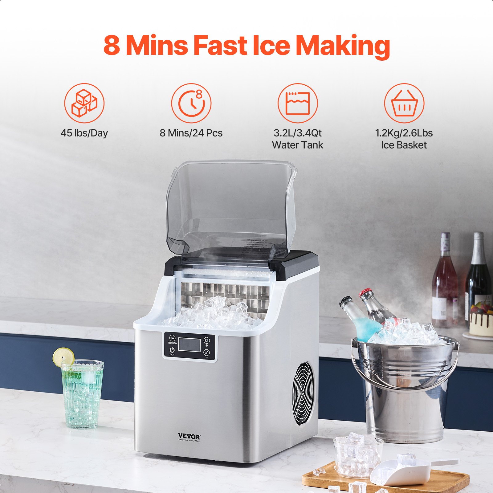 VEVOR Eiswürfelbereiter Eisbereiter Eiswürfelmaschine 24 Würfel in 15 Minuten, 20,4 kg / 24 h, tragbarer Eiswürfelbereiter mit Schaufel & Korb, Eismaschine mit 3 Größen für Küche Bar Party