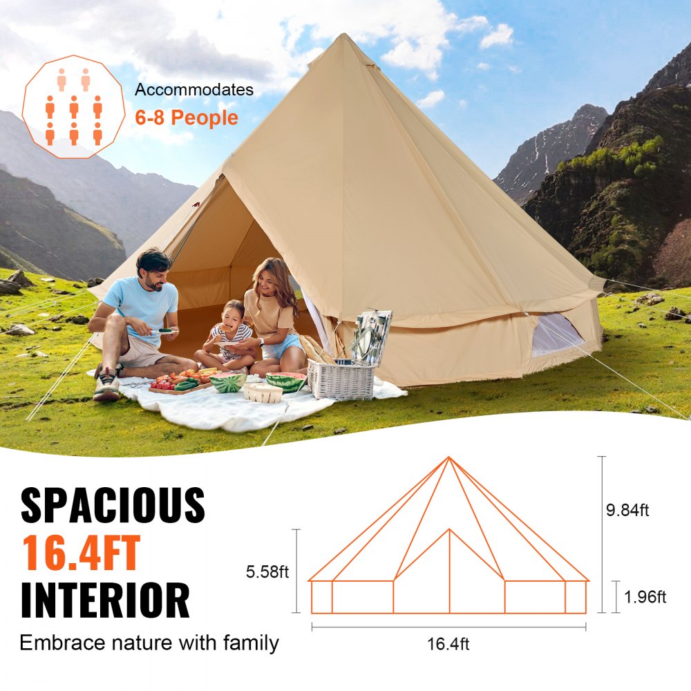 VEVOR Glockenzelt 5 x 3 m Jurten Zelt TC-Baumwolle mit hochfesten Eisenstangen und einer PVC-Bodenplane Campingzelt Familienzelt 8 Fenster Pyramidenzelt Gruppenzelt für Outdoor-Abenteuer