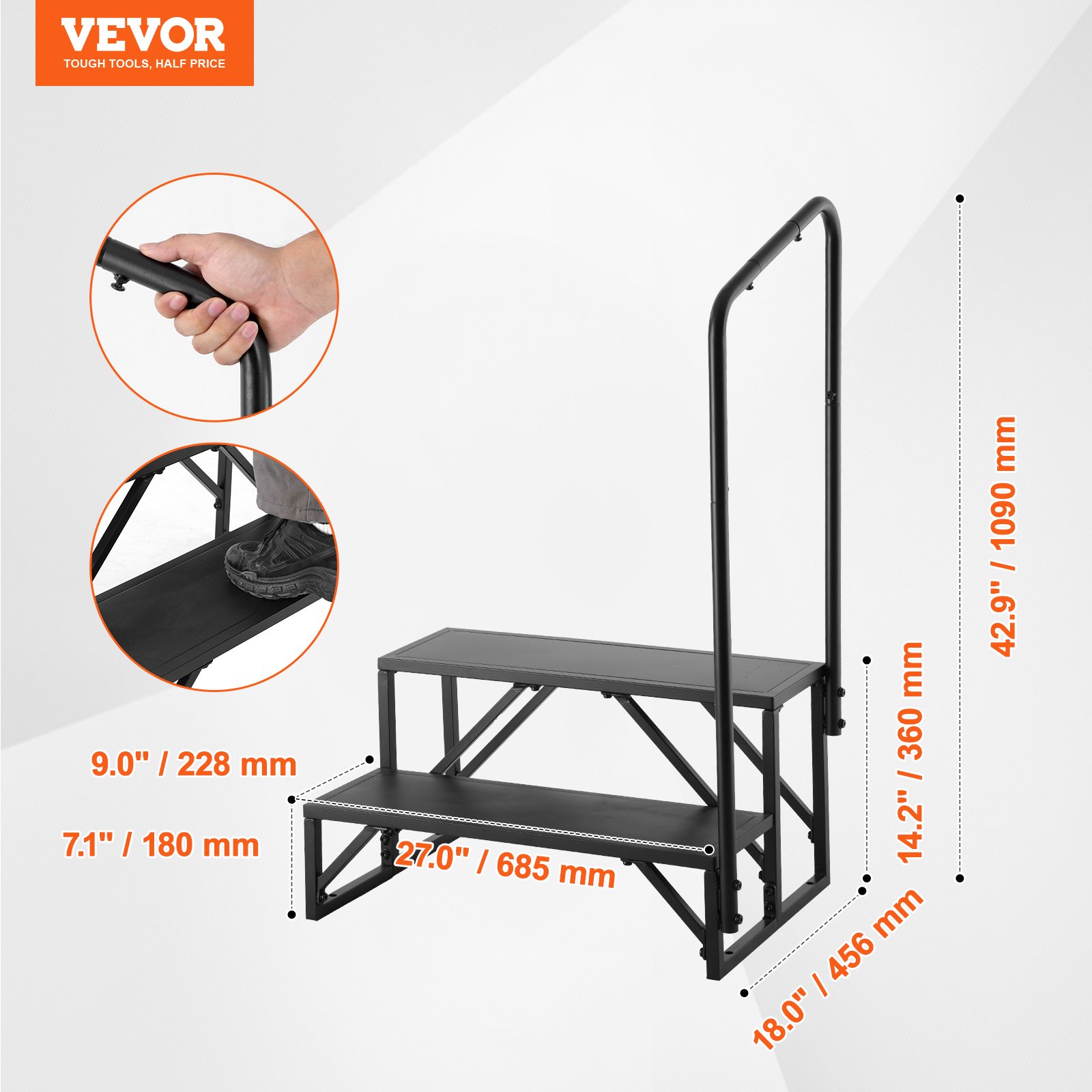 VEVOR Motorhome Steps, 2-Step Motorhome Staircase, 200 kg Load Capacity, Thickened Carbon Steel, with Handrail, Non-Slip Steps for Safe Entry and Exit, Suitable for Motorhomes and Trailers