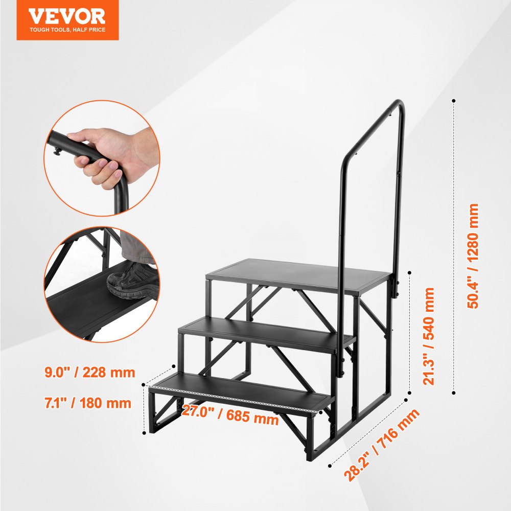 VEVOR Motorhome Steps, 3-Step Motorhome Staircase, 200 kg Load Capacity, Thickened Carbon Steel, with Handrail, Non-Slip Steps for Safe Entry and Exit, Suitable for Motorhomes and Trailers