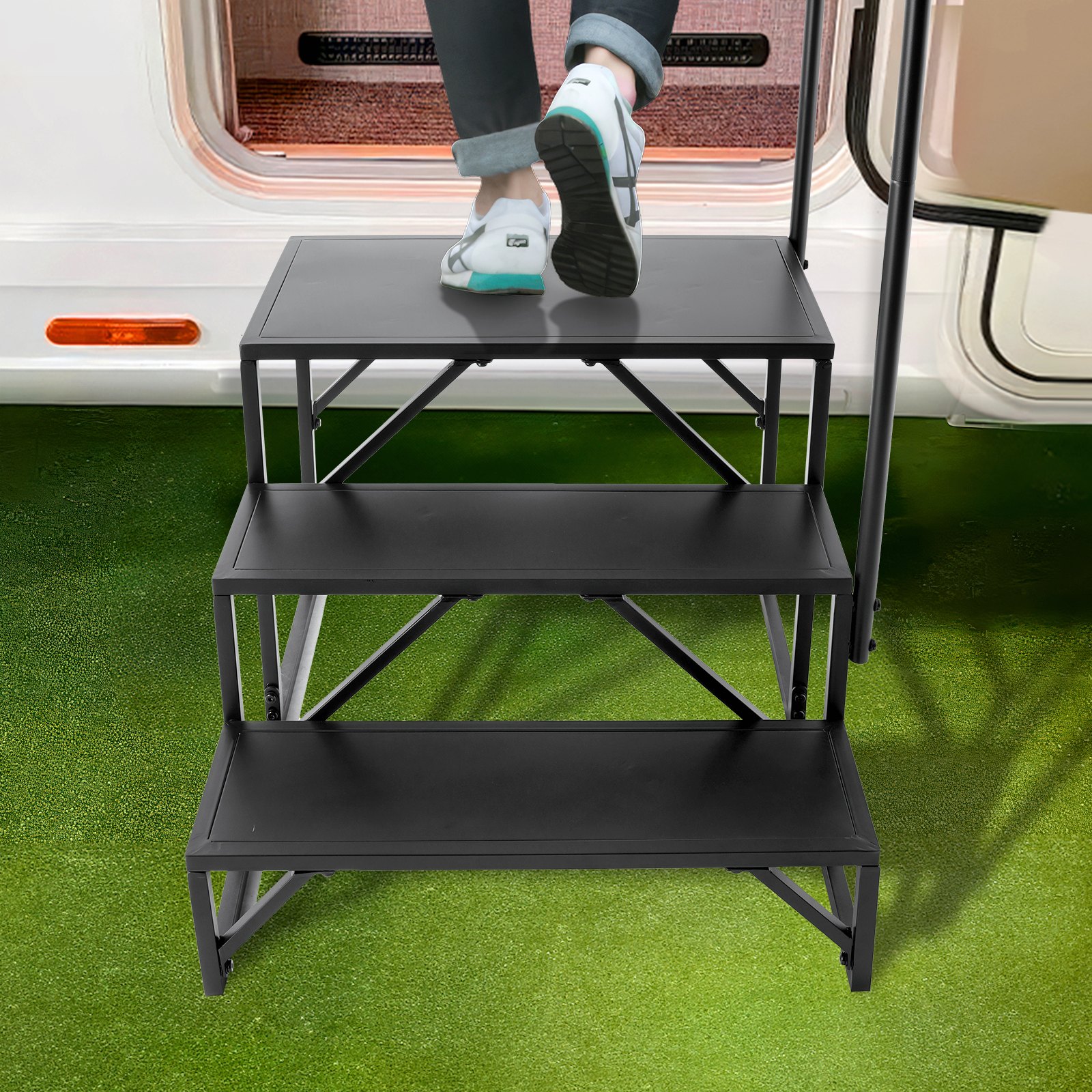 VEVOR Wohnmobil-Stufen, 3-stufige Wohnmobil-Treppe, 200 kg Tragkraft, Verdickter Kohlenstoffstahl, mit Handlauf, Rutschfeste Stufen für Sicheres Ein- und Aussteigen, Geeignet für Wohnmobil, Anhänger