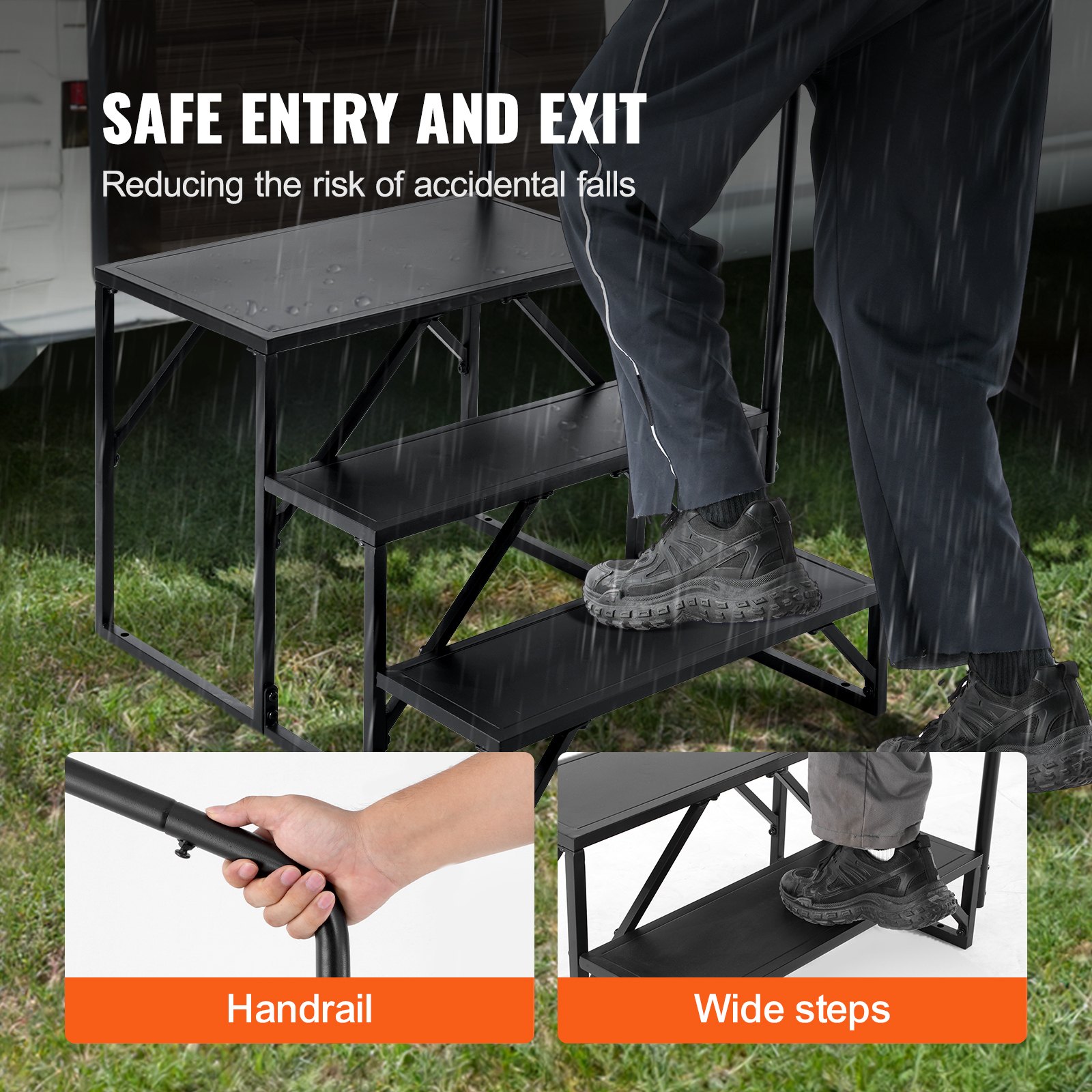 VEVOR Motorhome Steps, 3-Step Motorhome Staircase, 200 kg Load Capacity, Thickened Carbon Steel, with Handrail, Non-Slip Steps for Safe Entry and Exit, Suitable for Motorhomes and Trailers