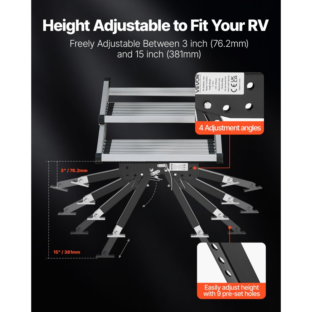 VEVOR RV-Stufenstabilisator, höhenverstellbares Stufenstütz-Set, Treppenstabilisatoren aus pulverbeschichtetem Stahl für Wohnwagen Reiseanhänger Wohnmobile, verstellbar 76,2-381 mm