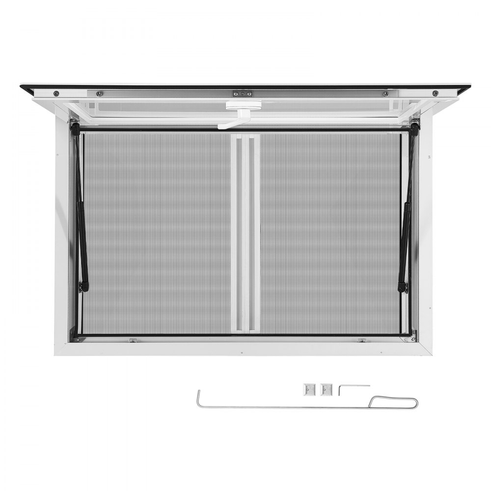 VEVOR Verkaufsfenster für Foodtrucks 915 x 610 x 130 mm Konzessionsfenster für Imbisswagen, Verkaufsstände, bis 85° Aufklappbar, mit 2 Fliegengittern, Verkaufsklappe, Schlepphaken und Regenschutz