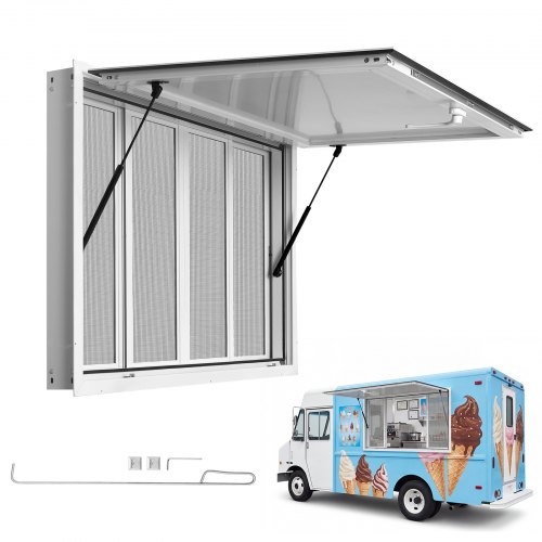 VEVOR Verkaufsfenster für Foodtrucks 1143 x 762 mm aus Aluminiumlegierung, Konzessionsfenster Verkaufsstände, bis 85° Aufklappbar, mit 4 Fliegengittern, Verkaufsklappe, Schlepphaken und Regenschutz