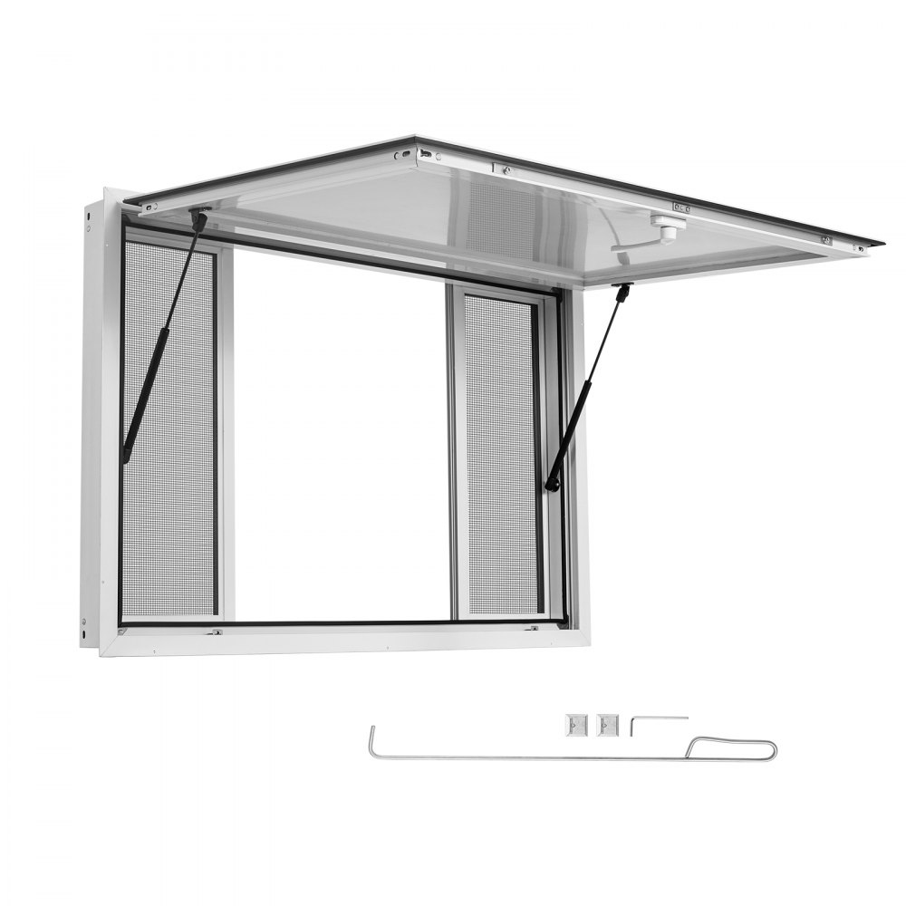 VEVOR Verkaufsfenster für Foodtrucks 1143 x 762 mm aus Aluminiumlegierung, Konzessionsfenster Verkaufsstände, bis 85° Aufklappbar, mit 4 Fliegengittern, Verkaufsklappe, Schlepphaken und Regenschutz
