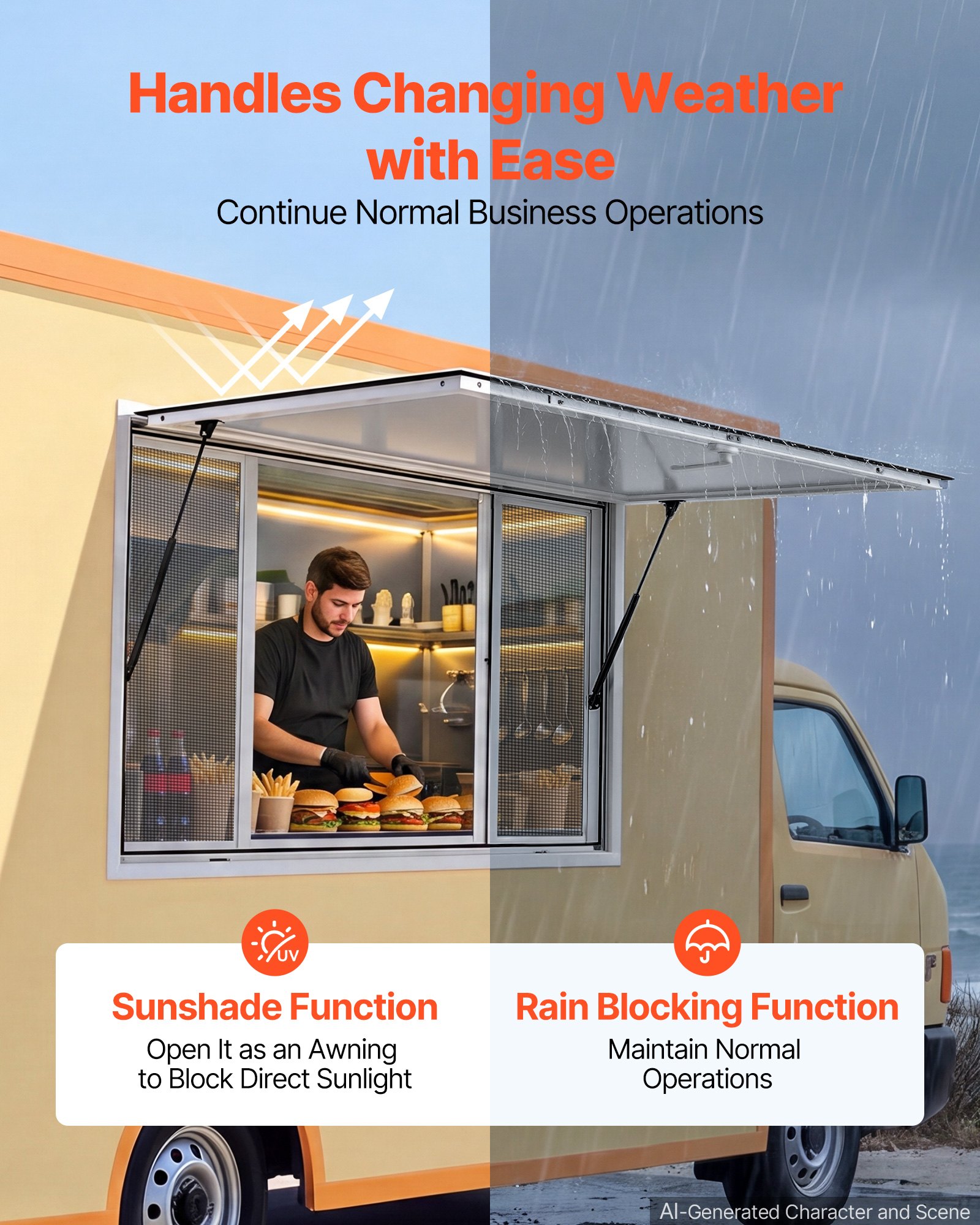 VEVOR Verkaufsfenster für Foodtrucks 1143 x 762 mm aus Aluminiumlegierung, Konzessionsfenster Verkaufsstände, bis 85° Aufklappbar, mit 4 Fliegengittern, Verkaufsklappe, Schlepphaken und Regenschutz