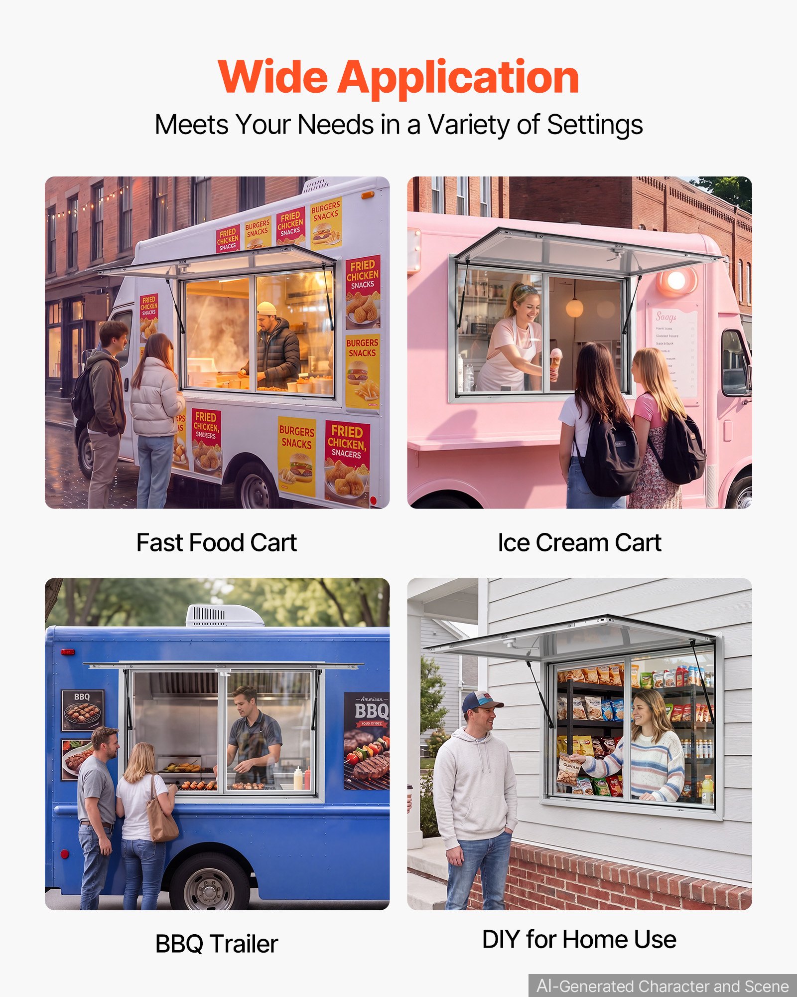 VEVOR Verkaufsfenster für Foodtrucks 1220 x 915 mm aus Aluminiumlegierung, Konzessionsfenster für Imbisswagen, bis zu 85° Aufklappbar, 2 Acryl-Schiebefenster, Verkaufsklappe, Schlepphaken, Regenschutz