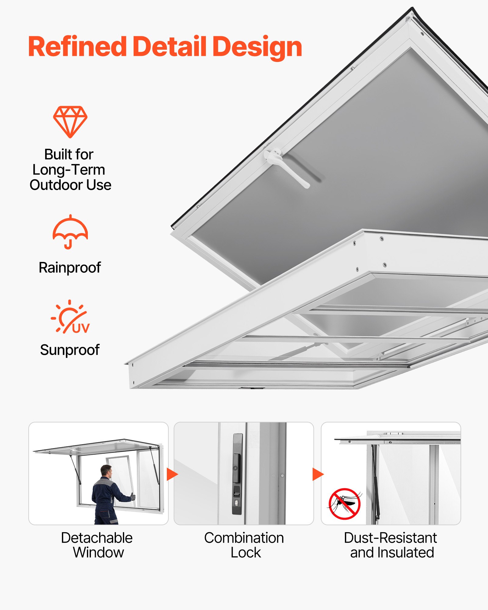 VEVOR Verkaufsfenster für Foodtrucks 1524 x 915 mm aus Aluminiumlegierung, Konzessionsfenster für Imbisswagen, bis zu 85° Aufklappbar, 4 Acryl-Schiebefenster, Verkaufsklappe, Schlepphaken, Regenschutz