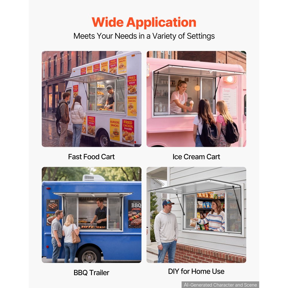 VEVOR Verkaufsfenster für Foodtrucks 1524 x 915 mm aus Aluminiumlegierung, Konzessionsfenster Verkaufsstände, bis 85° Aufklappbar, mit 4 Fliegengittern, Verkaufsklappe, Schlepphaken und Regenschutz