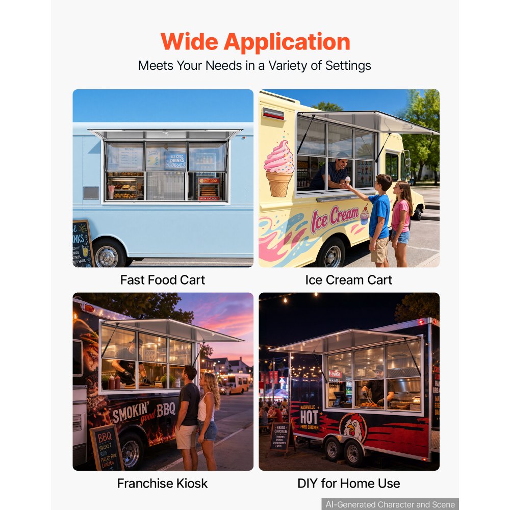 VEVOR Verkaufsfenster für Foodtrucks 1880 x 1016 mm Konzessionsfenster für Imbisswagen, bis 85° Aufklappbar, 3 Feststehende Obere Glasscheiben und 3 Verschiebbare Untere Gitter, Verkaufsklappe