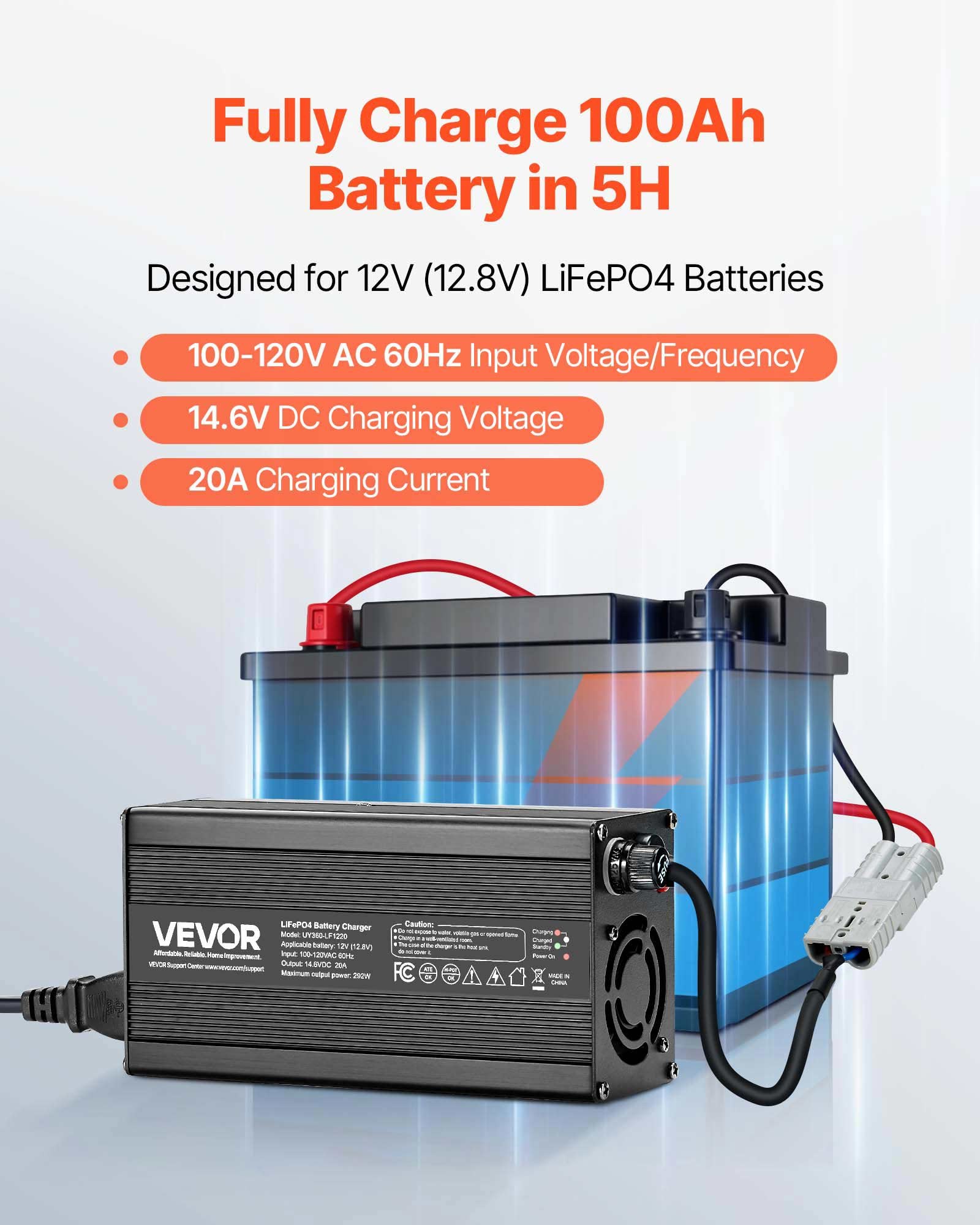 VEVOR 12 V 20 A Batterieladegerät, 14,6 V, DC Ladespannung, mit Anderson-Anschluss, LED-Anzeige, 0-V-Aktivierung, für Lithium-LiFePO4-Deep-Cycle-Akkus von Booten, Wohnmobilen