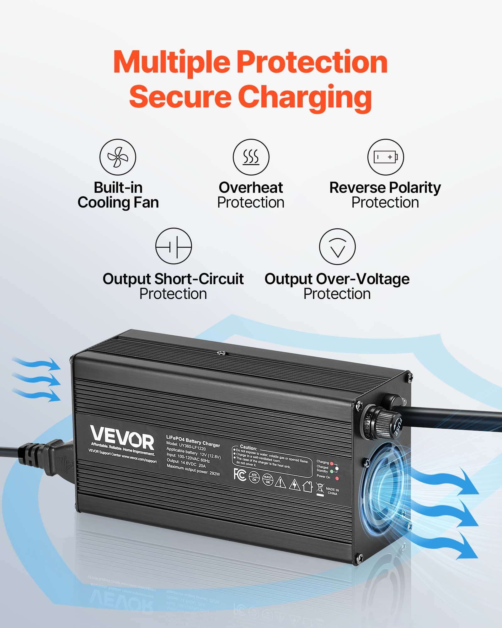 VEVOR 12 V 20 A Batterieladegerät, 14,6 V, DC Ladespannung, mit Anderson-Anschluss, LED-Anzeige, 0-V-Aktivierung, für Lithium-LiFePO4-Deep-Cycle-Akkus von Booten, Wohnmobilen