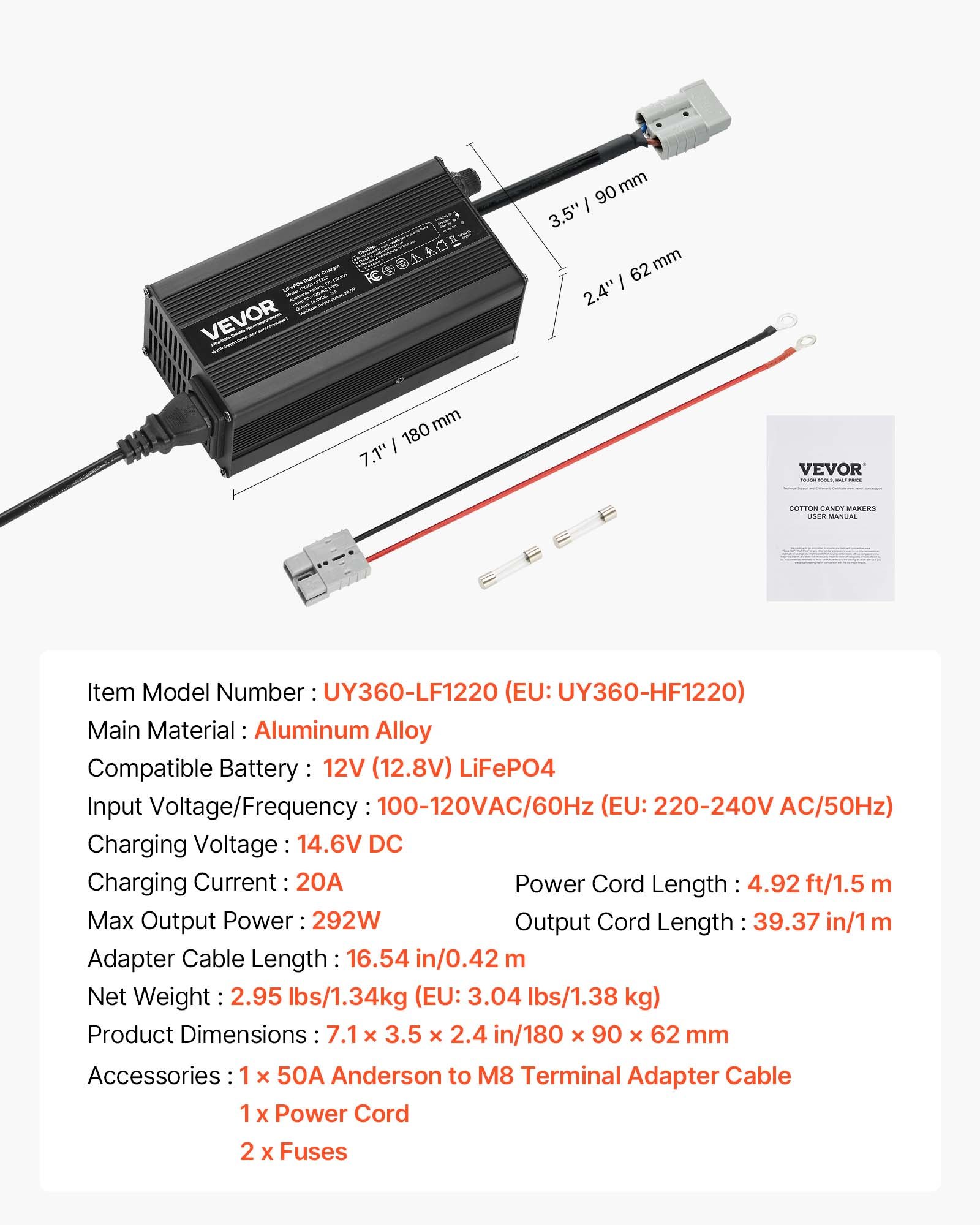 VEVOR 12 V 20 A Batterieladegerät, 14,6 V, DC Ladespannung, mit Anderson-Anschluss, LED-Anzeige, 0-V-Aktivierung, für Lithium-LiFePO4-Deep-Cycle-Akkus von Booten, Wohnmobilen