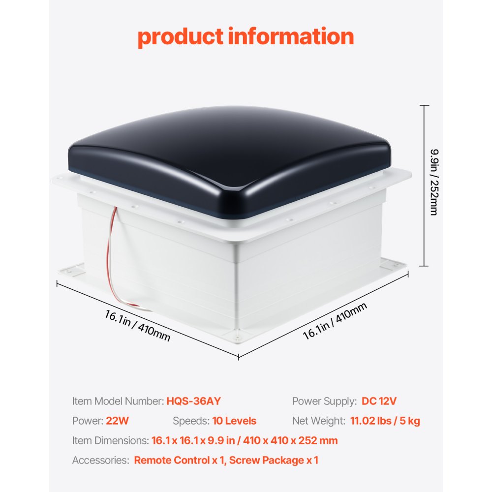 VEVOR Wohnmobil-Lüfter, Dachventilator 12 V, leistungsstarker 10-Gang-Wendelüfter mit Fernbedienung, eingebauter Gleichstrommotor, elektrischer Deckel, passend für 35,6x35,6 cm große Dachöffnungen