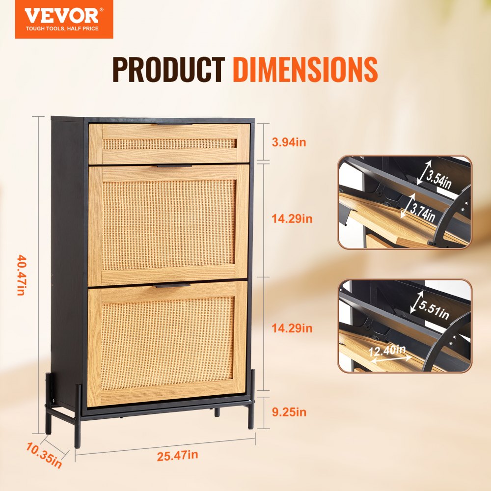VEVOR Schuhschrank Schuhkommode aus Rattan mit 2 Klappschubladen & 1 Ausziehschublade, Metallbeine, schmaler Schuhschrank ideal für Eingangsbereich Diele Schrank Flur Schuhkipper Schwarz