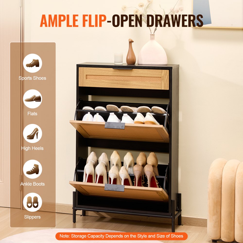 VEVOR Schuhschrank Schuhkommode aus Rattan mit 2 Klappschubladen & 1 Ausziehschublade, Metallbeine, schmaler Schuhschrank ideal für Eingangsbereich Diele Schrank Flur Schuhkipper Schwarz