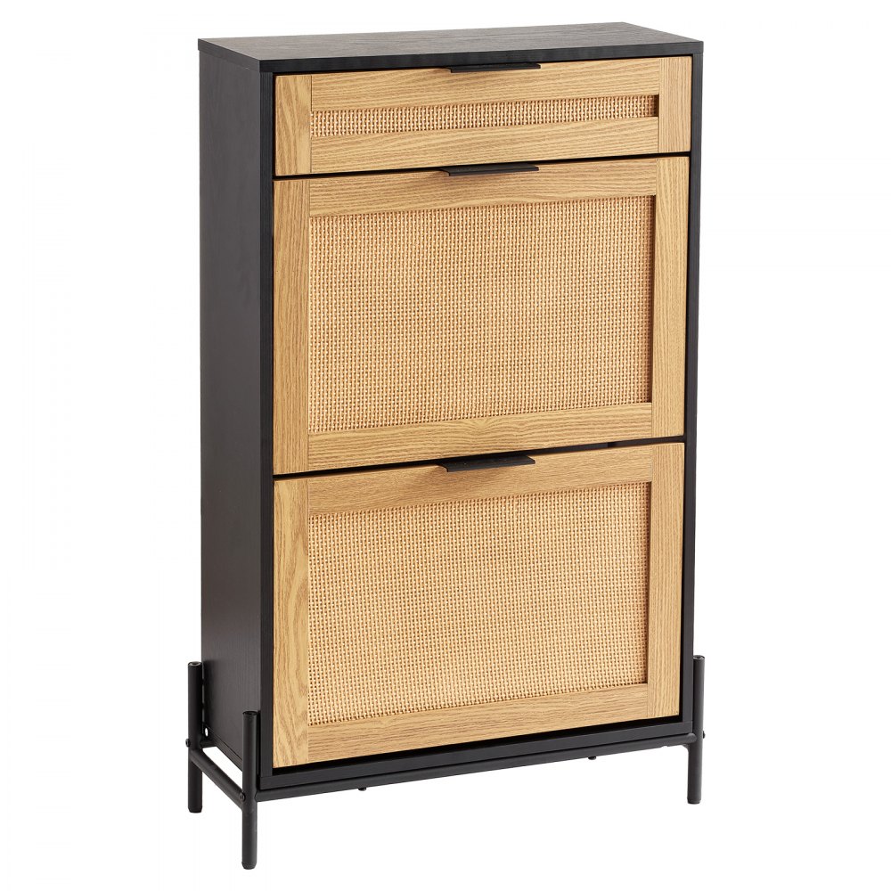 VEVOR Schuhschrank Schuhkommode aus Rattan mit 2 Klappschubladen & 1 Ausziehschublade, Metallbeine, schmaler Schuhschrank ideal für Eingangsbereich Diele Schrank Flur Schuhkipper Schwarz