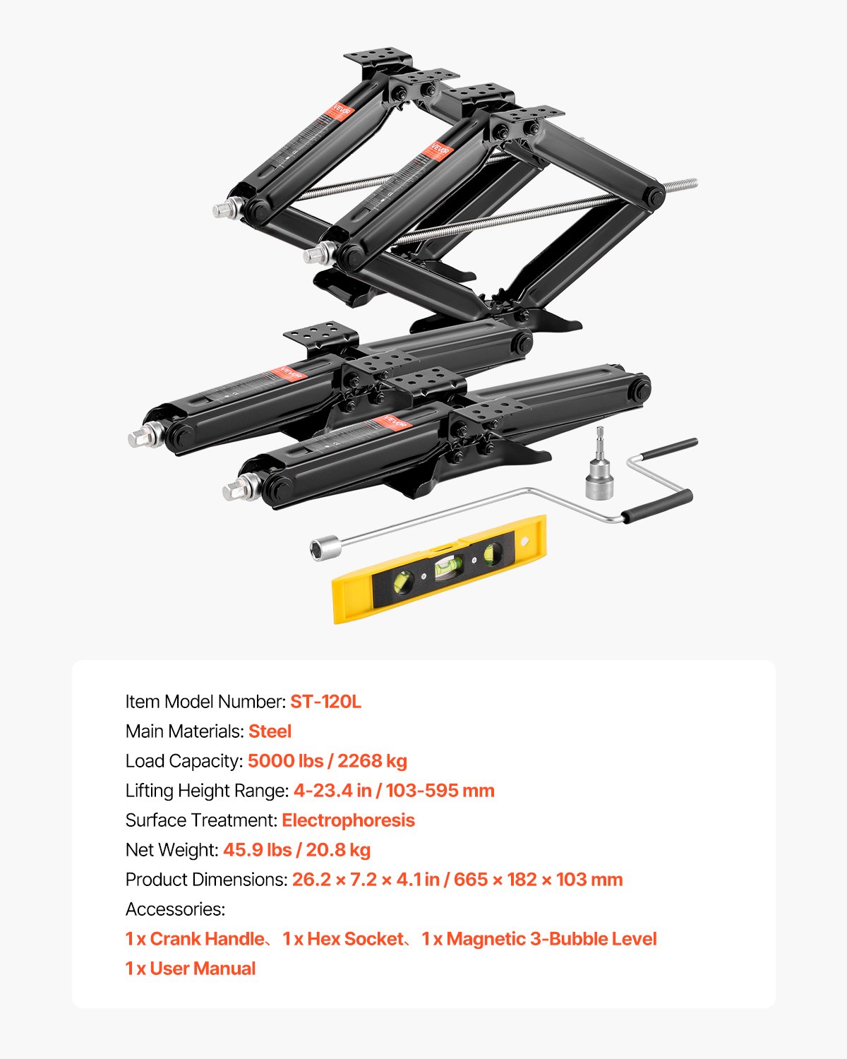 VEVOR RV Scissor Jack with Crank Handle, Socket Wrench, and Spirit Level (4 pcs.) Stabilizer Leveling 103-595 mm Stabilizer Jack Not Easily Deformed (2268 kg Load Capacity)