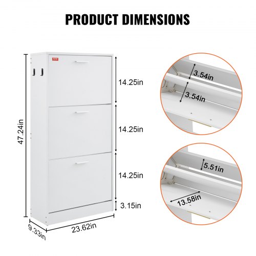 VEVOR Schuhschrank Schmal, Schuhregal Weiß, 600 x 237 x 1200 mm Schuhkipper mit 3 Klappen + oberem Staufach, Schuhkommode 45,35 kg Tragfähigkeit, Aufbewahrungsschrank Schuh Massivholz für Flur