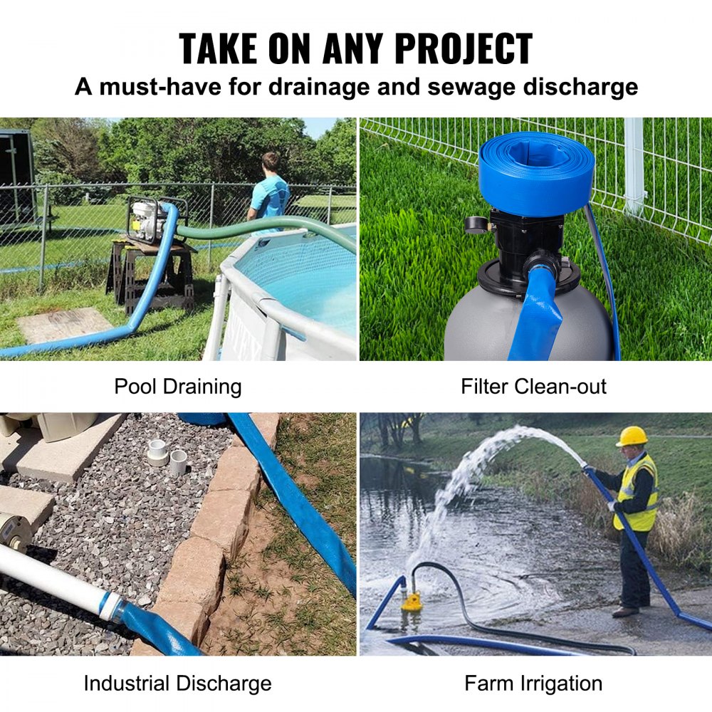 VEVOR Rückspülschlauch, 2 Zoll x 50 Fuß, robuster PVC-Flachpool-Ablaufschlauch mit Klemmen, wetter- und platzbeständig, kompatibel mit Pumpen, Sandfiltern, für die Abwasserableitung von Schwimmbädern,