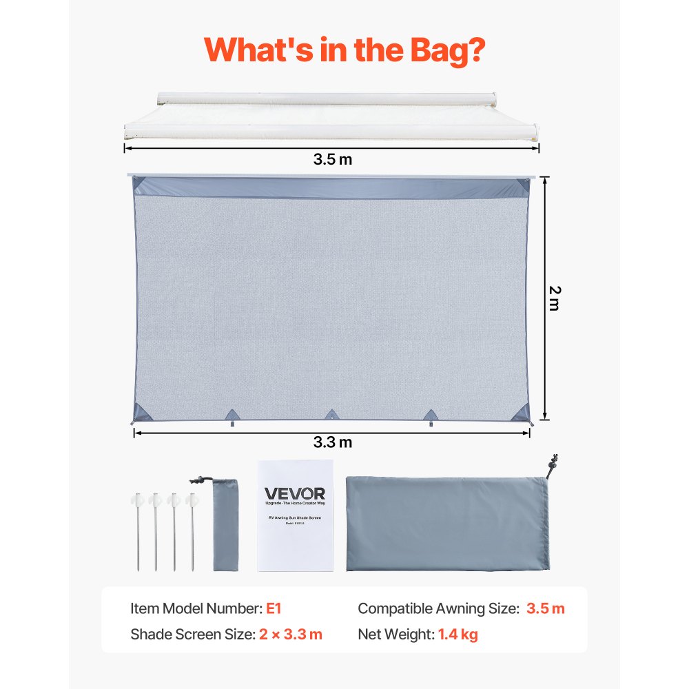 VEVOR Sonnenschutz (2 x 3,3 m) für Markisen (3,5 m), Markisen-Vorderwand aus Polyester-Netzgewebe, Doppelt Genähter & Atmungsaktiver Sichtschutz für Wohnmobil, Camping & Wohnwagen