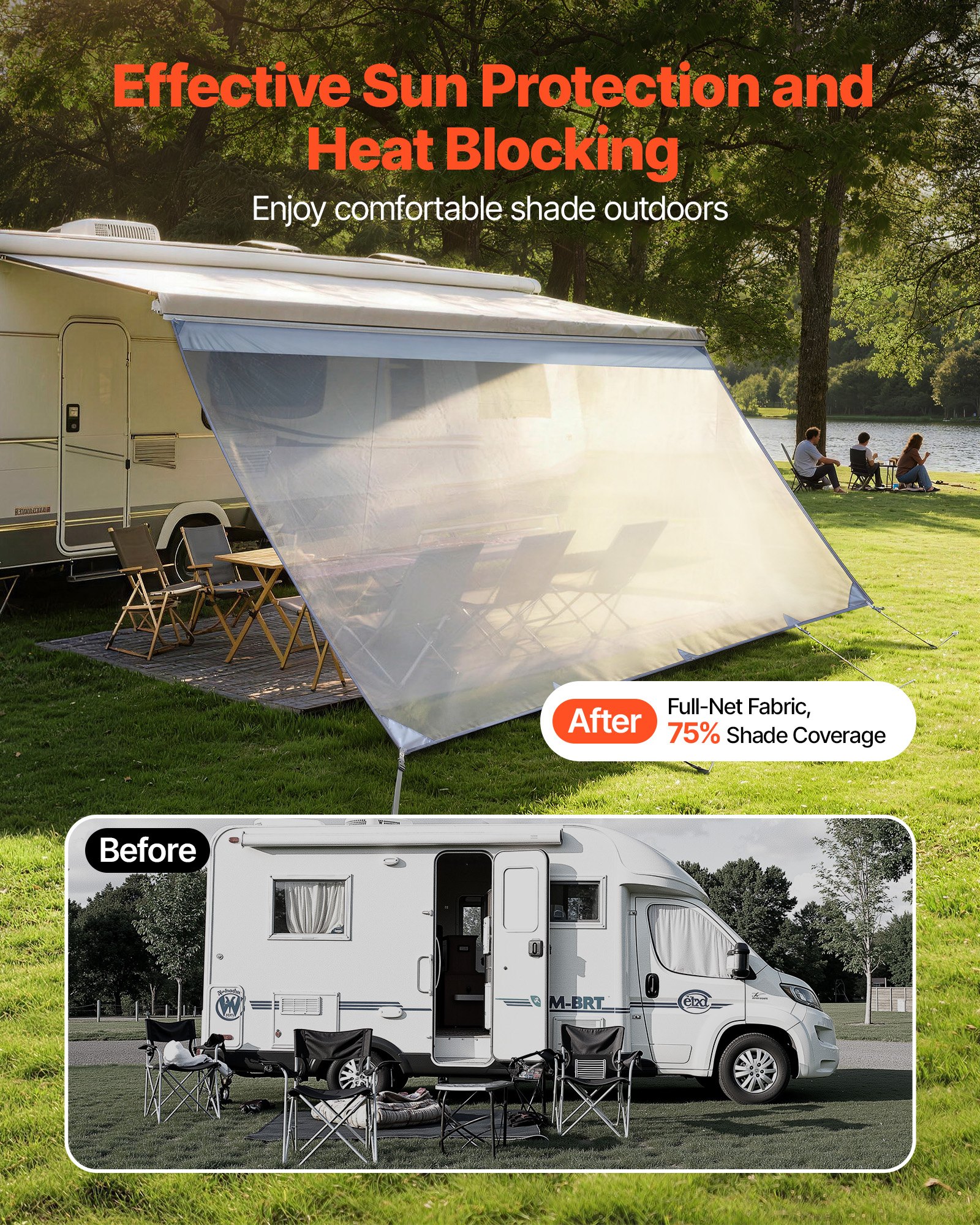VEVOR Sonnenschutz (2 x 4,3 m) für Markisen (4,5 m), Markisen-Vorderwand aus Polyester-Netzgewebe, Doppelt Genähter & Atmungsaktiver Sichtschutz für Wohnmobil, Camping & Wohnwagen