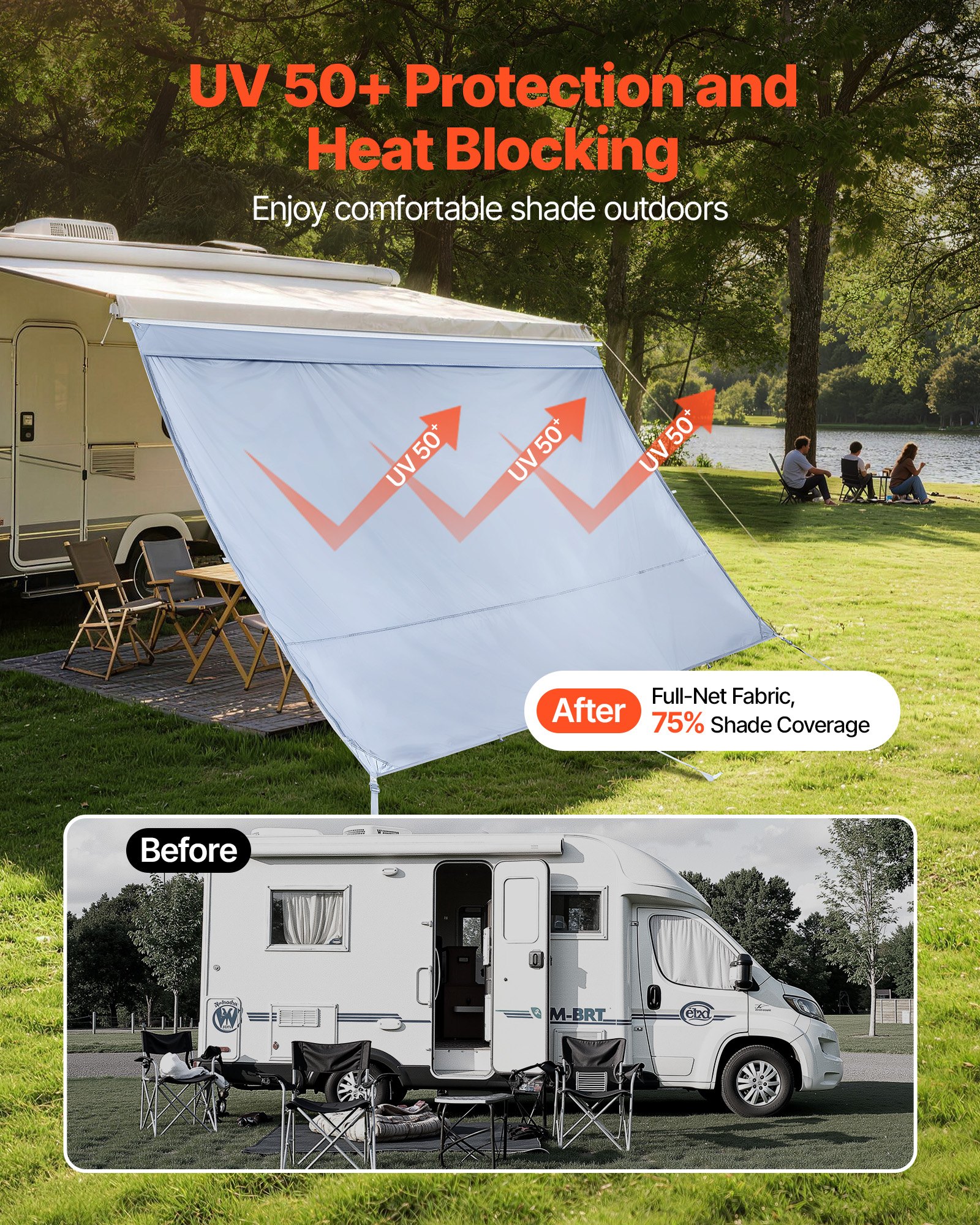 VEVOR RV Awning Sun Shade Screen, 2 x 3.3 m RV Awning Sun Shading Screen (Fits 3.5 m Awnings) with UV50+ Zippered PU Cover, Double-Stitched Polyester Mesh Sunscreen for RVs Travel and Outdoor Camping