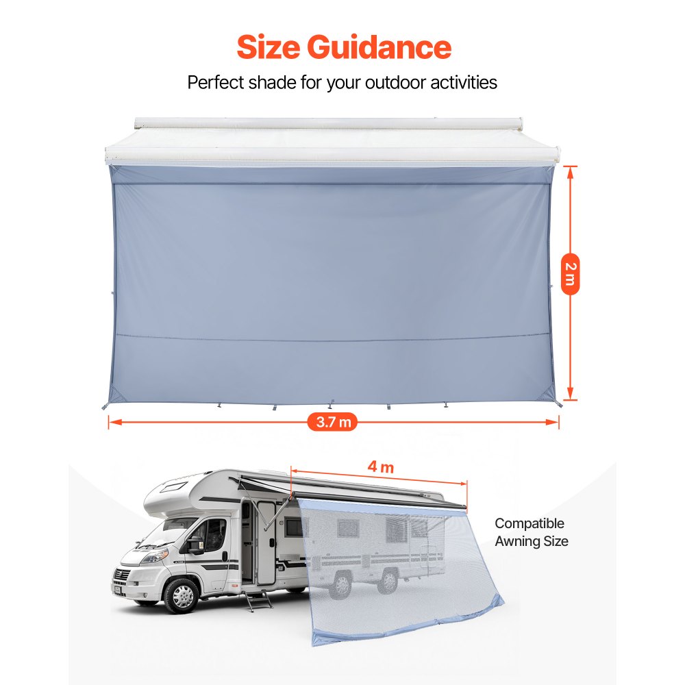 VEVOR RV Awning Sun Shade Screen, 2 x 3.7 m RV Awning Sun Shading Screen (Fits 4 m Awnings) with UV50+ Zippered PU Cover, Double-Stitched Polyester Mesh Sunscreen for RVs Travel and Outdoor Camping