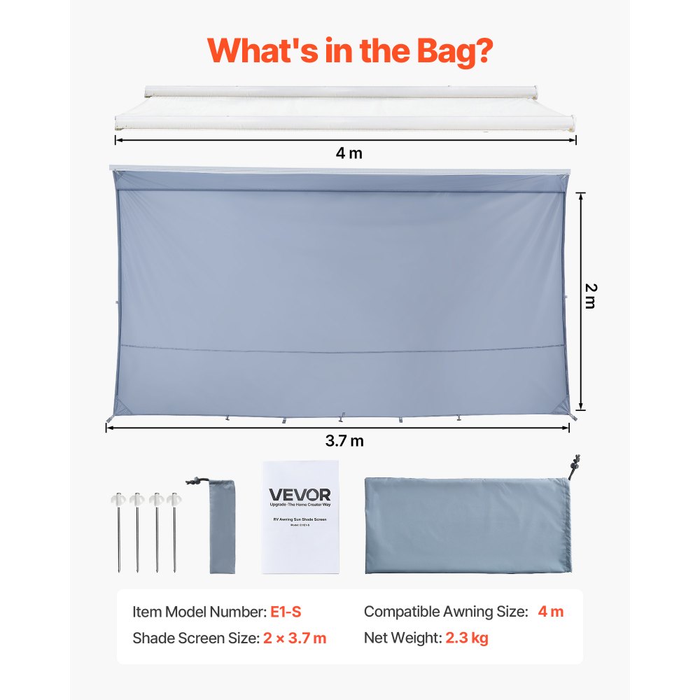 VEVOR RV Awning Sun Shade Screen, 2 x 3.7 m RV Awning Sun Shading Screen (Fits 4 m Awnings) with UV50+ Zippered PU Cover, Double-Stitched Polyester Mesh Sunscreen for RVs Travel and Outdoor Camping