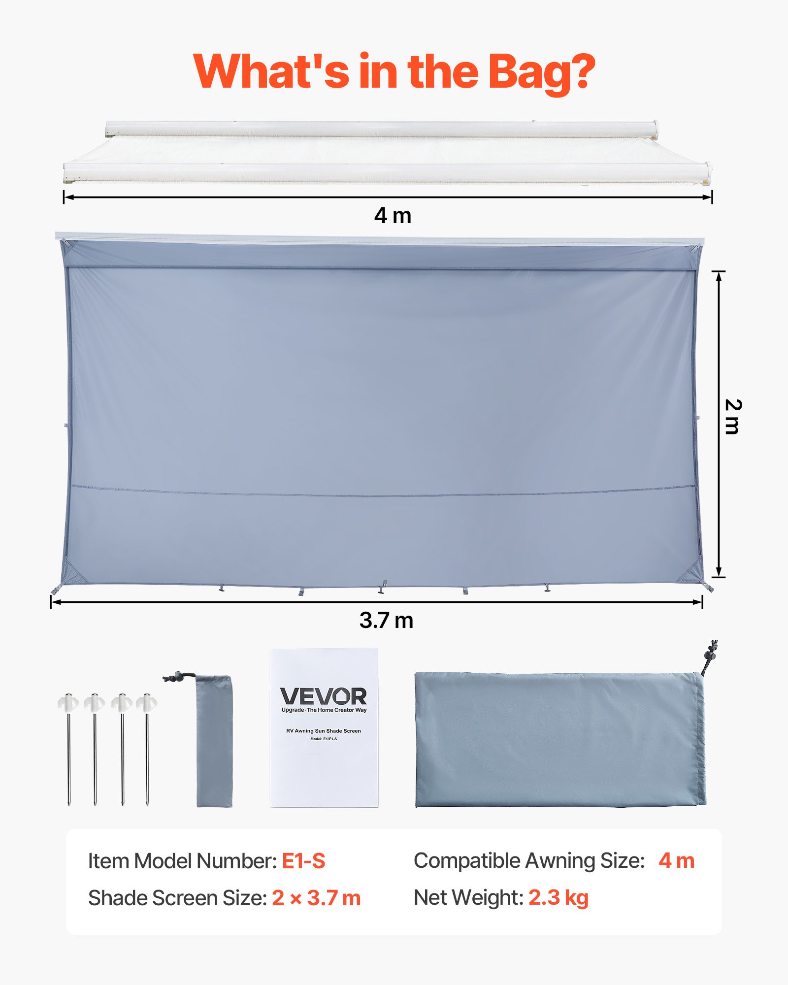 VEVOR RV Awning Sun Shade Screen, 2 x 3.7 m RV Awning Sun Shading Screen (Fits 4 m Awnings) with UV50+ Zippered PU Cover, Double-Stitched Polyester Mesh Sunscreen for RVs Travel and Outdoor Camping