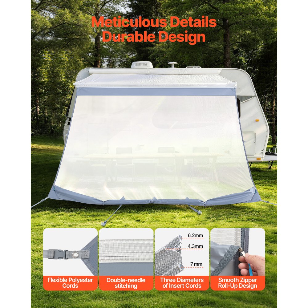 VEVOR Sonnenschutz (2 x 2,8 m) für Markisen (3 m), Markisen-Vorderwand mit UV50+ & Reißverschluss-PU-Bezug & Doppelt Genähtem Polyester-Netzgewebe, Regenschutz für Wohnmobil, Camping & Wohnwagen