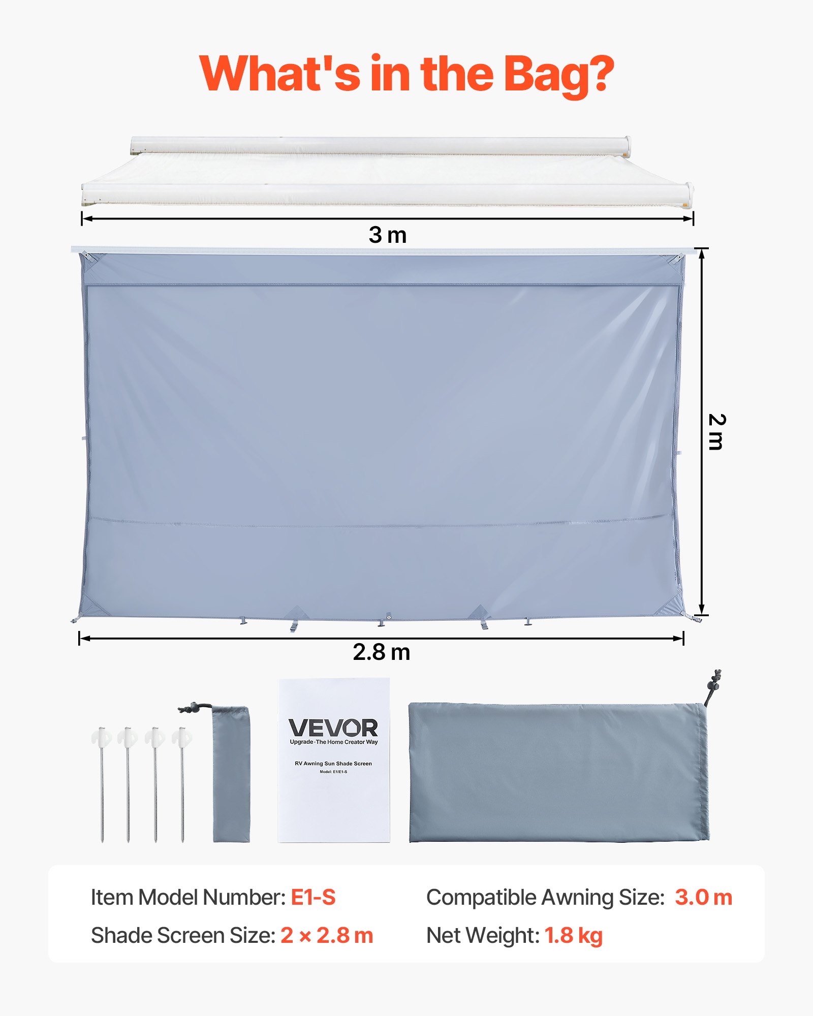 VEVOR Sonnenschutz (2 x 2,8 m) für Markisen (3 m), Markisen-Vorderwand mit UV50+ & Reißverschluss-PU-Bezug & Doppelt Genähtem Polyester-Netzgewebe, Regenschutz für Wohnmobil, Camping & Wohnwagen